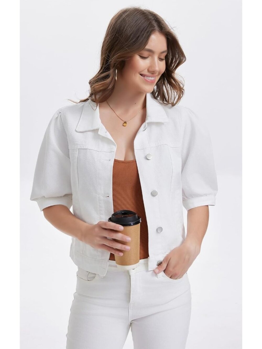 Women's White Cropped Short Puff Sleeve Trendy Denim Jackets with Pockets - Picture 5 of 6